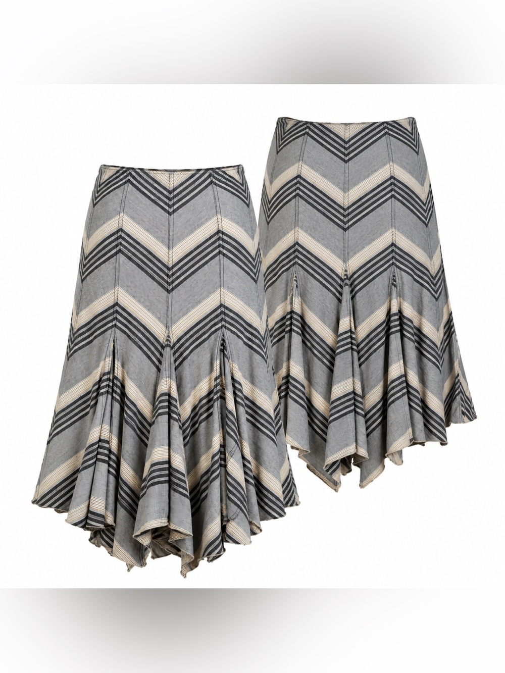 Emma James Chevron Asymmetrical Midi Skirt in Gray and Cream